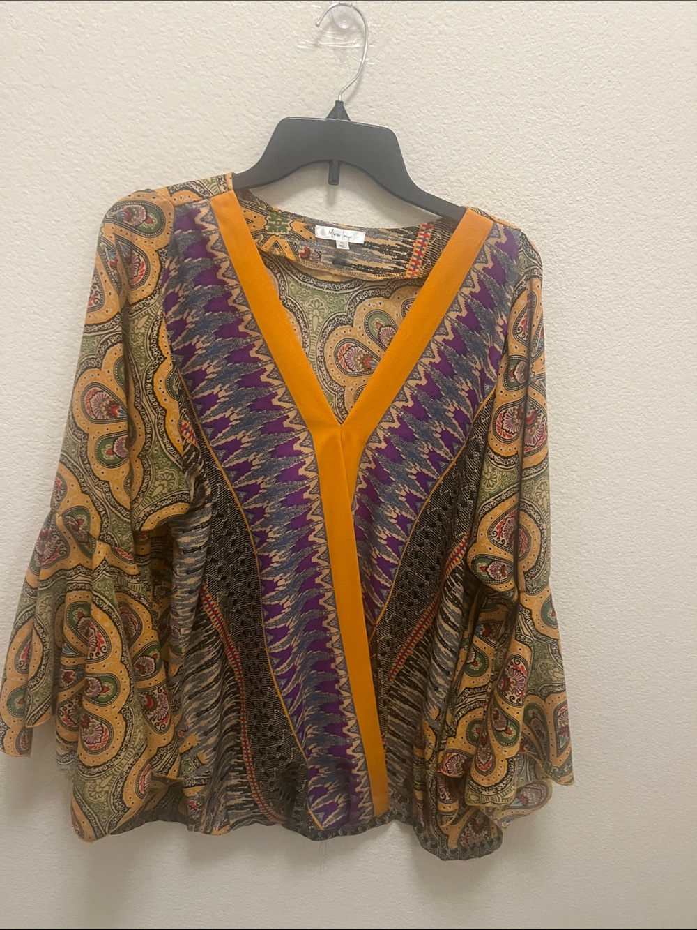 Vintage Mirror Image Faux Wrap Blouse XL Mixed Print bell sleeves boho